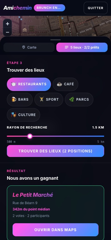 Capture d'écran d'Amichemin sur mobile : résultat du vote avec le lieu gagnant