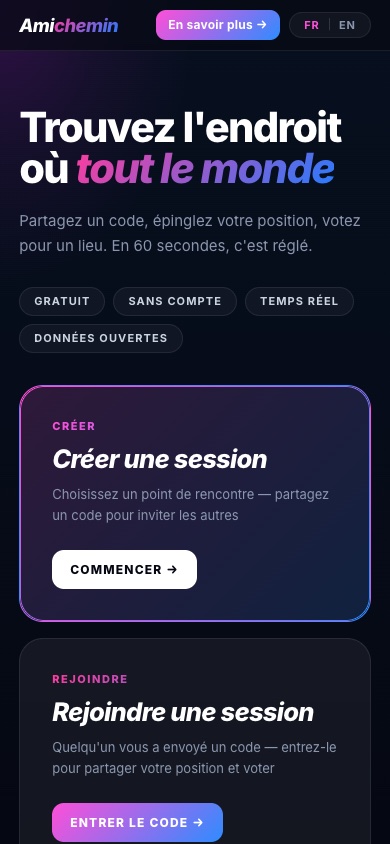 Capture d'écran d'Amichemin sur mobile : écran d'accueil pour créer ou rejoindre une session