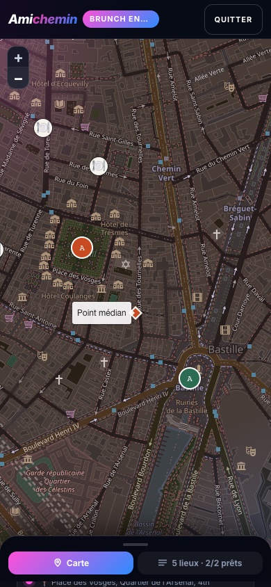 Capture d'écran d'Amichemin sur mobile : carte avec les positions des participants et le point médian